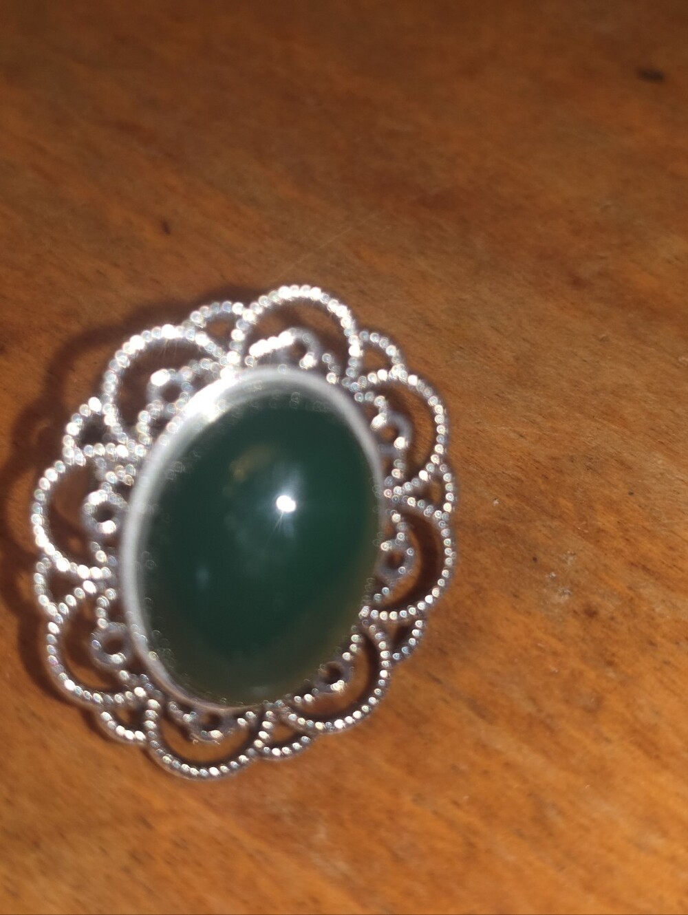 Dark Green Gemstone In Sikver Tine Frame, Adjustable Rubf
